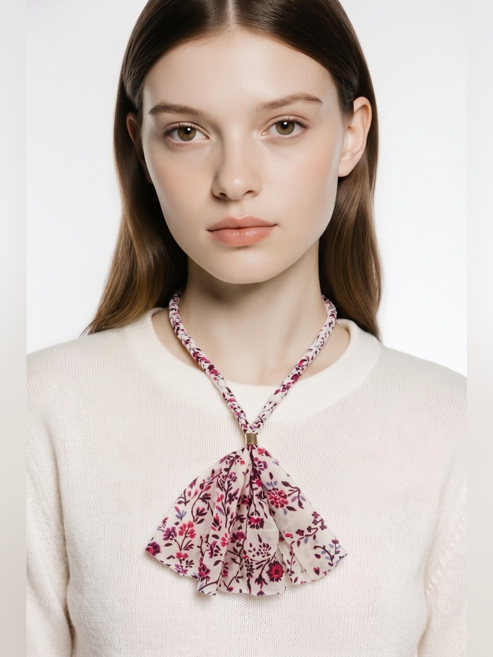 NWT Floral Pink Braided Fabric Tassel Necklace